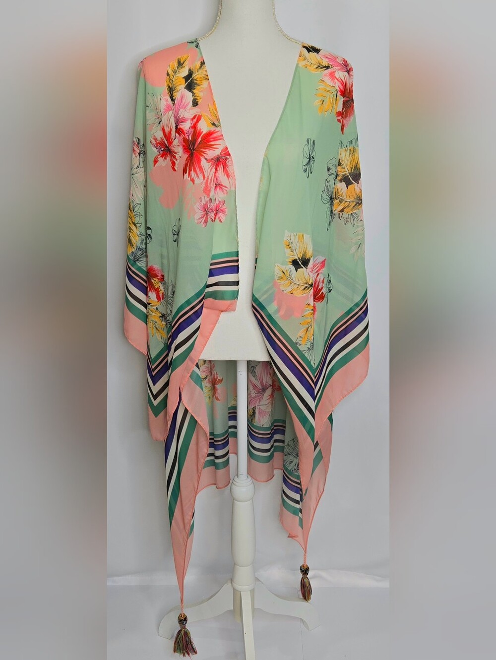 Express Tropical Floral Kimono Open Front Striped Border Beaded Tassels NWOT OS